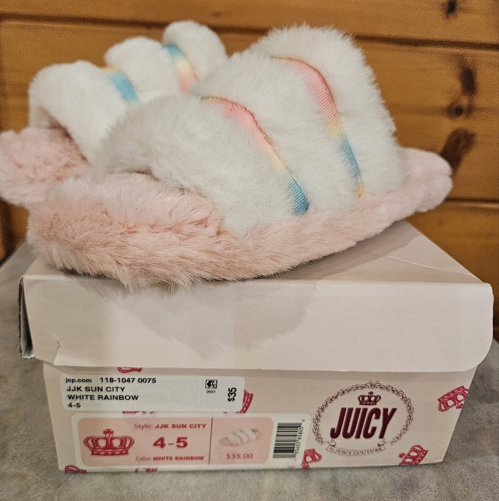 Juicy Couture Girls 4/5 White Rainbow Slippers